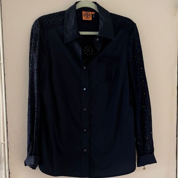 Tory Burch navy blue Liam eyelet sleeve button down top size 10 - Picture 2 of 11